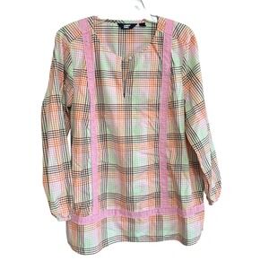 Lands End 1X Plaid Tunic Top Long Sleeve Pink Lace‎ Trim Button Keyhole Prairie